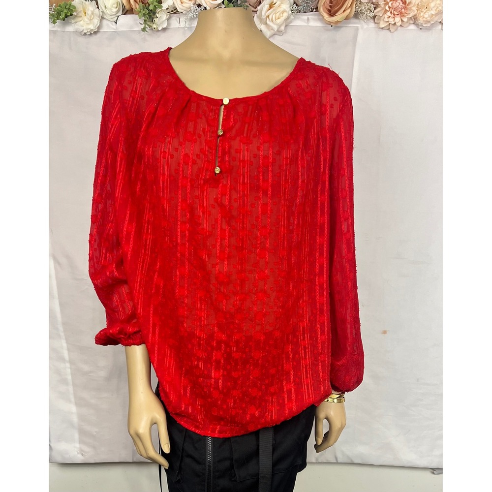 Liz Claiborne Red Textured Clip Dot Blouse Gold Button Split Neck Top 0X